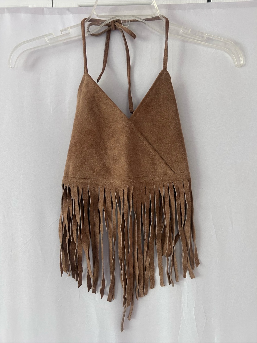 Passport Tan Genuine Leather Fringed tie back Cami Halter top size-S